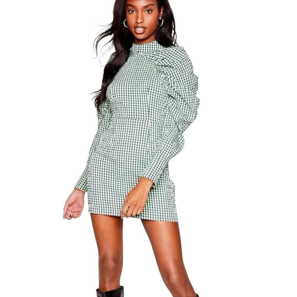 🔥 NWT Nasty Gal Seersucker Check Print Puff Sleeve Mini Dress Green Black Large